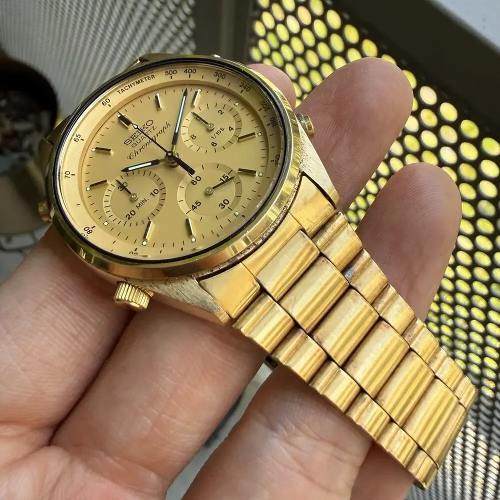 Vintage Seiko Chronograph Watch Men’s 37mm Champagne Dial Gold Tone 7A28-7029